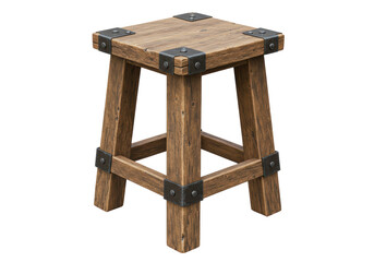 Isolated Rustic Wooden Stool with Metal Corner Reinforcements