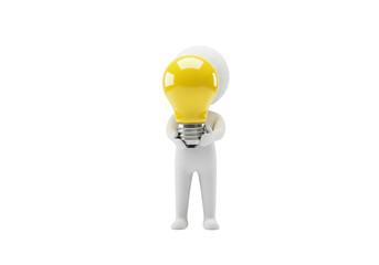 Isolated Stick Figure Holding Up a Glowing Light Bulb