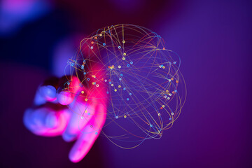 Abstract image of a hand interacting with a colorful network. Ideal for technology, connection, and...