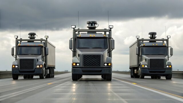 Three autonomous semi-trucks drive side by side on a wet road under a cloudy sky.