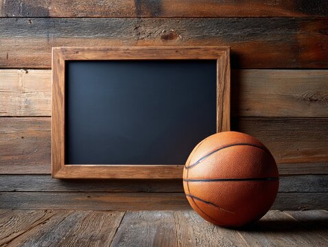 A basketball rests beside an vacuous chalkboard against a rustic wooden wall , ready for fresh ideas .