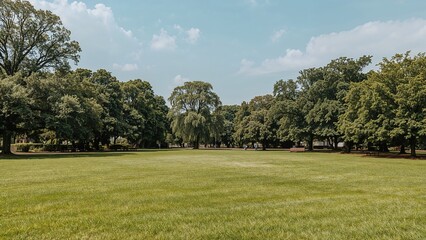Naklejka premium Vibrant green lawn surrounded by trees and parkland