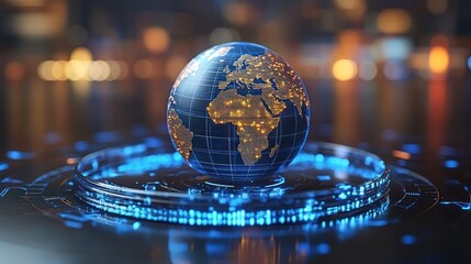 Illuminated globe atop glowing, circular tech base