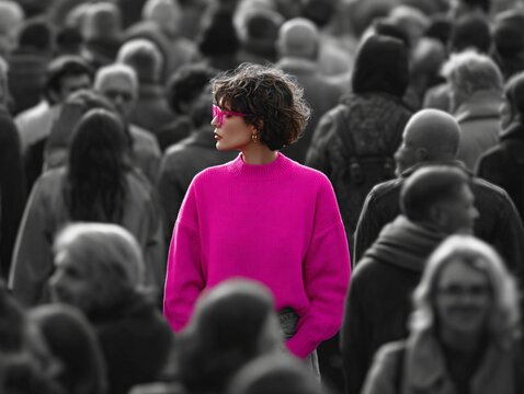 A standout figure in a cerise sweater amidst a crowd of monochrome individuals , symbolizing uniqueness .