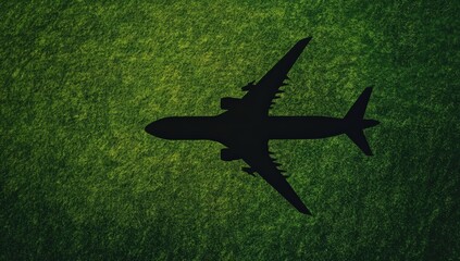Aerial View of Airplane Silhouette Over Lush Green Landscape Creating Contrasting Visual Harmony and Unique Perspective on Nature and Travel