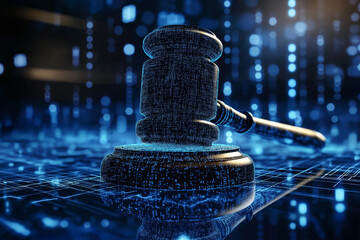 Digital gavel symbolizes cybersecurity law enforcement in virtual high-tech environment. Concept Cybersecurity Law Enforcement, Digital Gavel, Virtual Environment, High-Tech, Symbolism