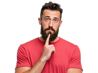 Contemplative Expression: A man with a thoughtful expression, gazing directly at the viewer with his hand poised near his face, exudes a sense of reflection and introspection.