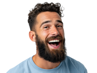 Cheerful Man Expressing Joy: A charismatic man, radiating positive energy, displays genuine happiness through a hearty laugh and engaging eye contact.