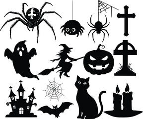 Fototapeta premium Halloween silhouette set featuring witch, ghost, haunted house, bat, spider, pumpkin, and creepy symbols