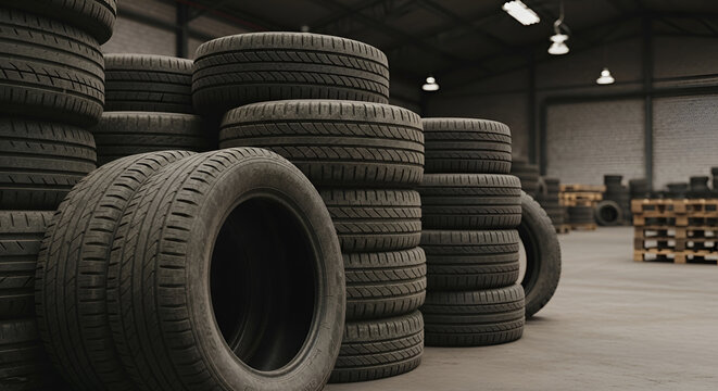Pile of used tires in the warehouse