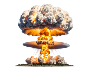 A colossal fiery explosion erupts with immense power, forming a towering mushroom cloud of smoke and debris.