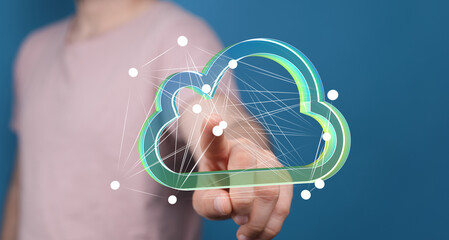 Abstract image of a hand interacting with a 3D cloud computing network, symbolizing connectivity...