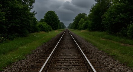Railway Tracks Leading to Horizon Under Stormy Sky, Journey Through Nature and Perspective