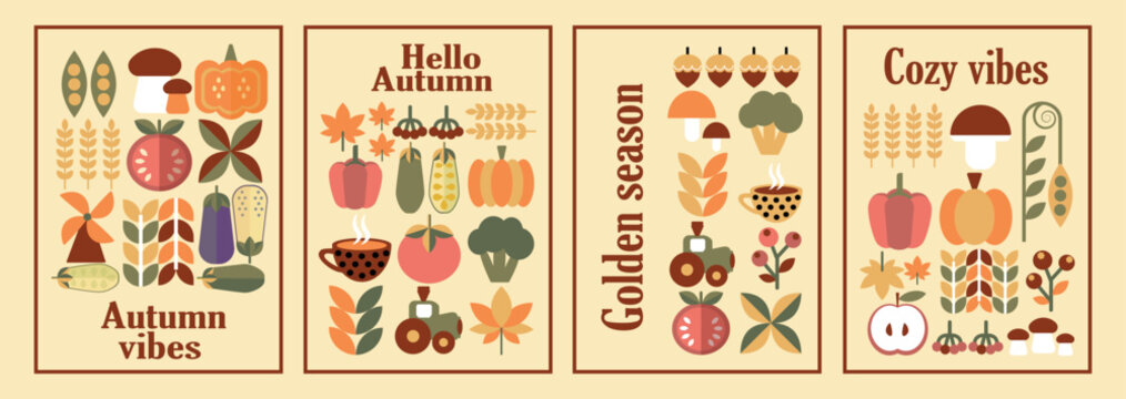 Autumn geometric mosaic background bauhaus pattern. Modern figure, shape and autumn elements. Scandinavian. Minimalistic elements for design, contemporary natural organic harvest.