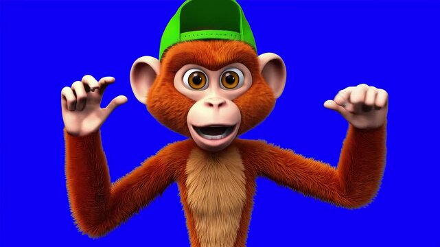 3D cartoon-style monkey with orange fur and green baseball cap yelling or talking with wide mouth movement and hand gestures. Set on a blue chroma key background. Ideal for children's entertainment, p