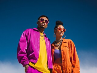 Fashionable couple posing outdoors on a clear day , exuding warmth and confidence against a vibrant blue sky .