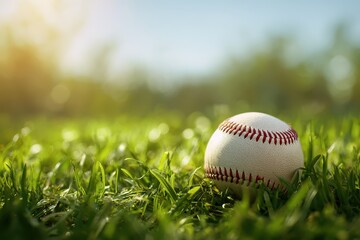 Baseball sits nestled in vibrant green grass under sunny sky, evoking playtime