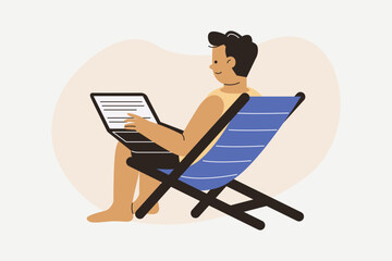 Digital Nomad Working on Laptop While Relaxing on Beach Illustration