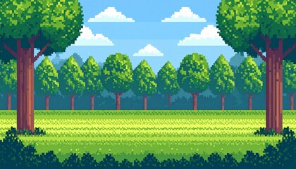 landscape with forest with cute cartoon pixelated