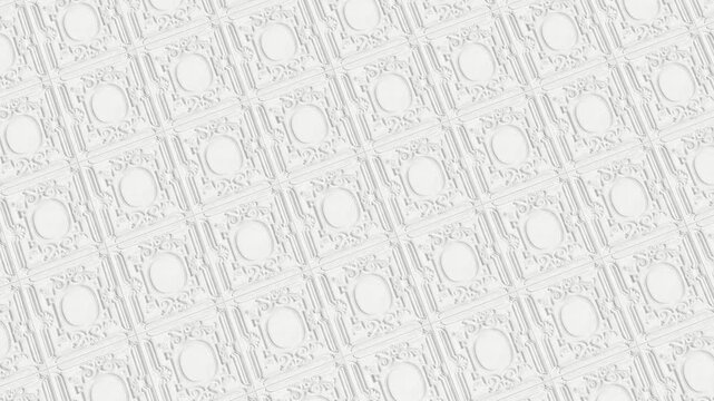 Repeating 3D white tile design with embossed detail.