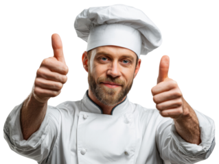 Chef's Approval: Confident chef in traditional attire, offers a thumbs-up gesture, a symbol of satisfaction and endorsement, capturing expertise and culinary professionalism.