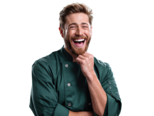 Chef's Delight: A cheerful chef, radiating joy and warmth, offers a glimpse into a world of culinary artistry, evoking sensations of gastronomic ecstasy.