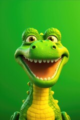 Fototapeta premium Smiling cartoon dinosaur on a vibrant green background.