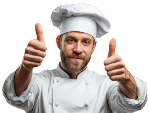 Chef's Approval: Confident chef in traditional attire, offers a thumbs-up gesture, a symbol of satisfaction and endorsement, capturing expertise and culinary professionalism.