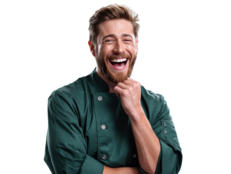 Chef's Delight: A cheerful chef, radiating joy and warmth, offers a glimpse into a world of culinary artistry, evoking sensations of gastronomic ecstasy.