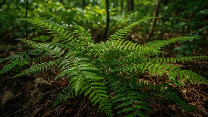 Lush fern thriving amidst woodland scenery, warm season, natural environment, fresh leaf, flora, vibrant hue, botanical development
