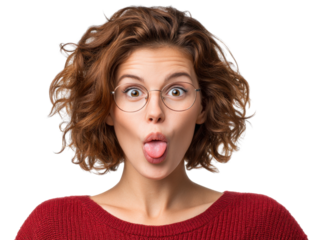 Playful Expression: A vivacious woman, donning stylish glasses, playfully sticks out her tongue, radiating energy and charm.