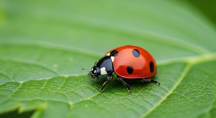 Closeup Red Ladybug Crawling on Green Leaf with Natural Lighting Macro Photography