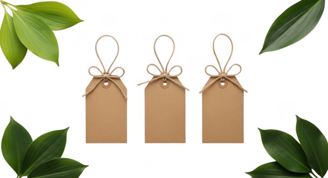 Three blank tags with leaves isolated on transparent background - Powered by Adobe