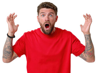 Surprised Man's Reaction: A man in a red shirt exhibits a genuine surprised reaction with open mouth and raised hands, creating a powerful expression of shock and amazement.