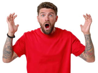 Surprised Man's Reaction: A man in a red shirt exhibits a genuine surprised reaction with open mouth and raised hands, creating a powerful expression of shock and amazement.