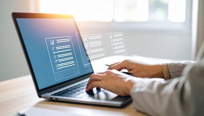 Online form being completed on a laptop, showcasing digital checklist and survey with a user-friendly interface