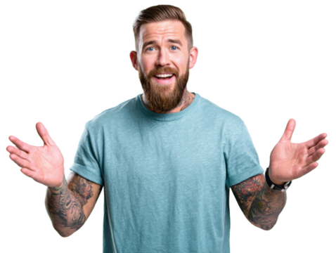 Surprised Bearded Man with Open Arms: Captivating portrait of a man with a surprised expression, framed by a thick, well-groomed beard, extends his arms in a gesture of openness.