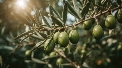 Garden scene showing green olives growing on a branch with selective focus, banner area for text, and a color tone matching the illuminating trend