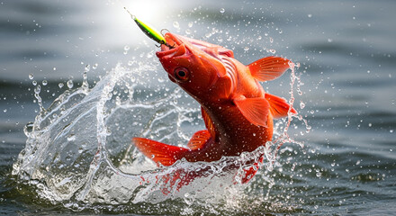 Red snapper wriggles after being caught on the fishing line