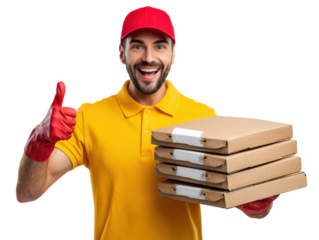 Prompt Delivery: A cheerful delivery person, adorned in a vibrant red cap and gloves, enthusiastically offers a stack of freshly packed boxes. He offers a thumbs-up.