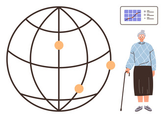 Elderly woman with cane next to a globe grid with dots and a data chart. Ideal for aging, global connection, data sharing, health, senior awareness, analysis, accessibility. Simple flat metaphor