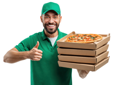 Pizza Delivery: A friendly delivery person, radiating joy, offers a warm, freshly-baked pizza in its cardboard boxes, expressing satisfaction. 