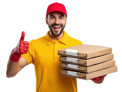 Prompt Delivery: A cheerful delivery person, adorned in a vibrant red cap and gloves, enthusiastically offers a stack of freshly packed boxes. He offers a thumbs-up.
