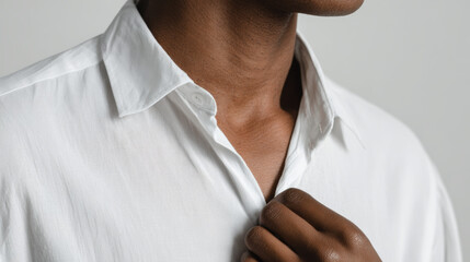 A close-up shot of a person wearing a white shirt, focusing on the details.