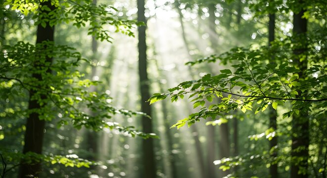 Sun-kissed Forest Canopy A Tranquil Escape into Nature's Embrace, Woodland serenity captured in the heart of the woods.