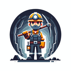 Cartoon Miner with Pickaxe Wearing Safety Helmet in Cave