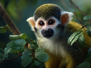 Obraz premium Nigh - up of a curious squirrel monkey with bright , expressive eyes in a natural setting .