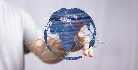 Person interacting with a digital globe, representing global network and technology.