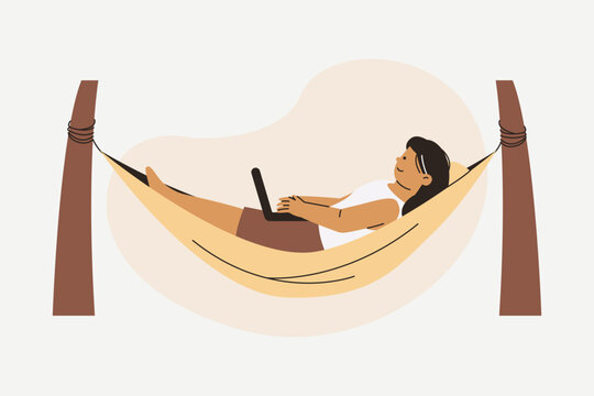 Woman Working Online While Vacationing in Beach Hammock Illustration