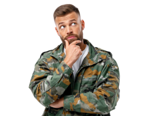 Thoughtful Reflection in Camouflage: A man in camouflage gear, lost in thought, gazes upwards, his hand touching his chin, conveying deep contemplation and strategic thinking.